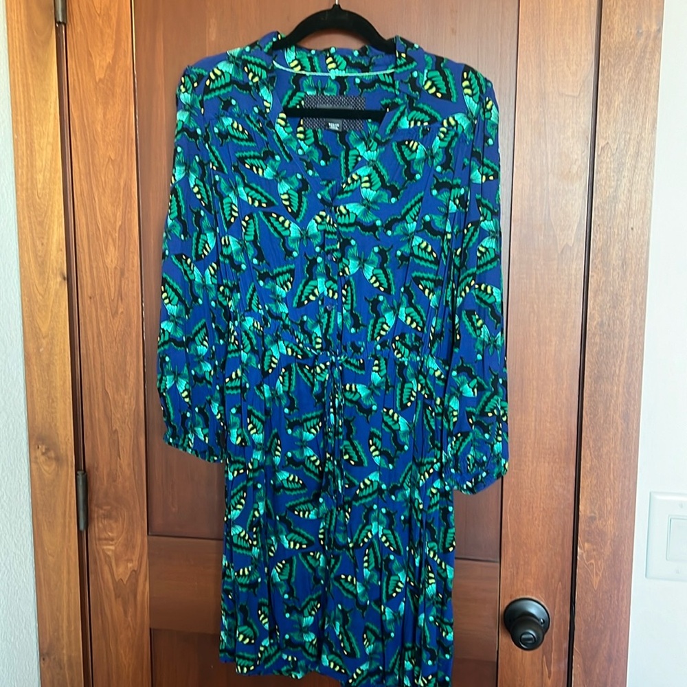 Maeve knee length dress butterfly pattern in blue, green, yellow and black.
